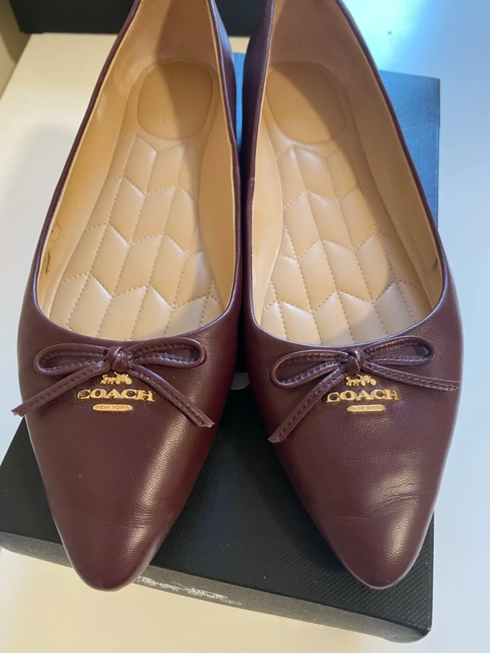 Coach Women's Burgundy Leather Pointed-toe Ballet Flats with Bow Accent - Picture 5 of 11